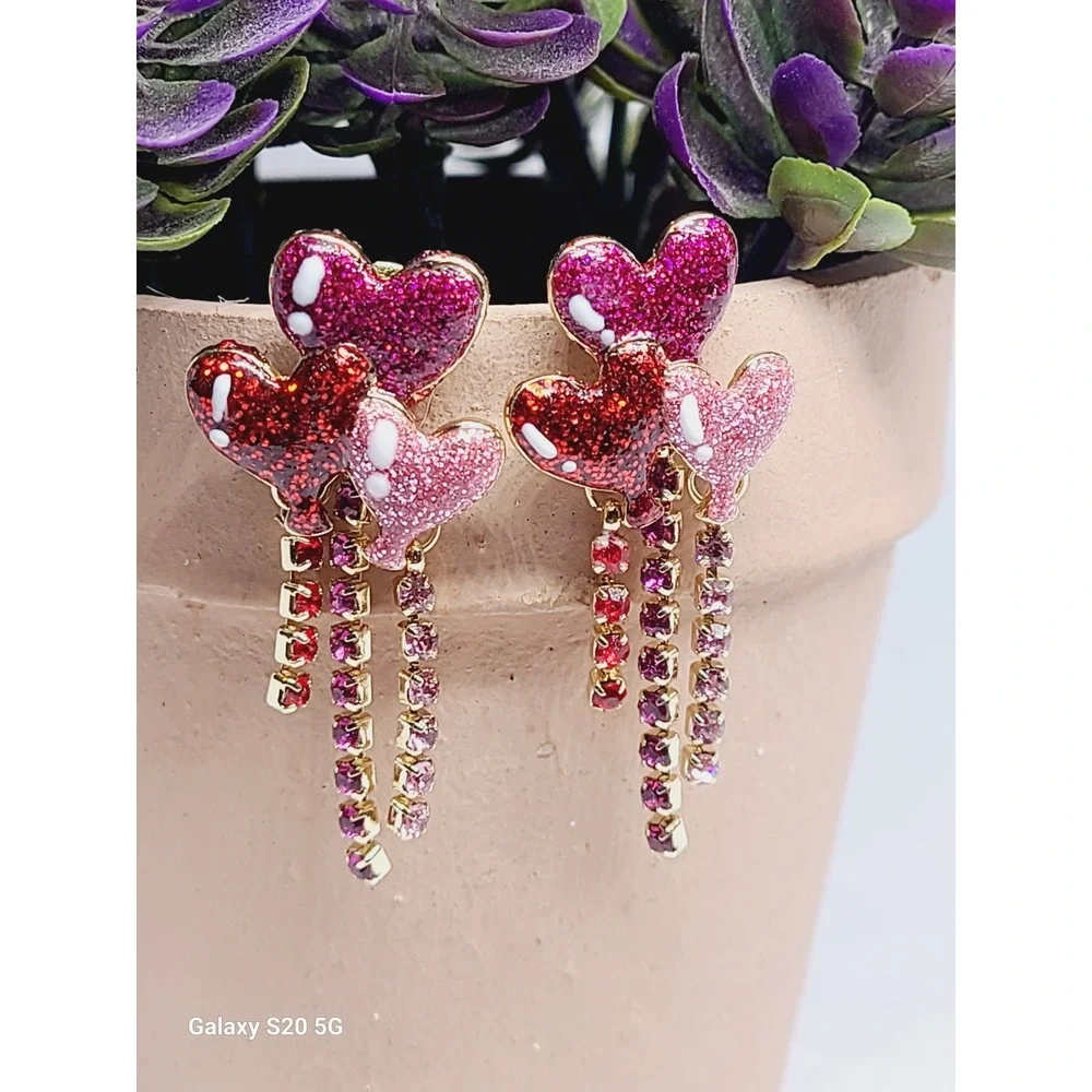 Red Pink Glitter Heart Balloon Drop Earrings Rhinestone Fringe Gold Tone Studs‎